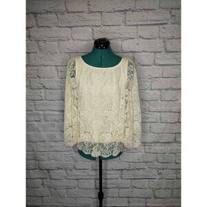 FREE People Womens Blouse Off White Floral Lace Long Flutter Sleeves Lined M